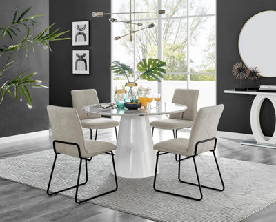 Furniturebox Uk Palma White Marble Effect Round Dining Table & 4 Taupe Halle Black Leg Chairs from B&Q