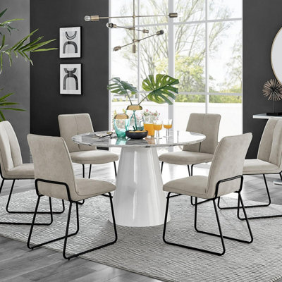Furniturebox Uk Palma White Marble Effect Round Dining Table & 6 Taupe Halle Black Leg Chairs from B&Q