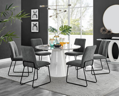Furniturebox Uk Palma White Marble Effect Round Dining Table & 6 Dark Grey Halle Black Leg Chairs from B&Q