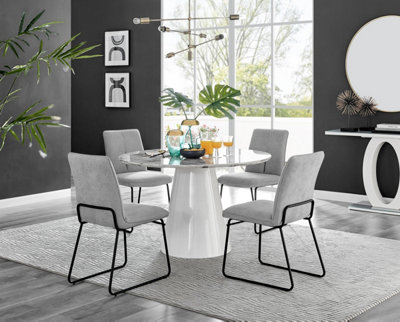 Furniturebox Uk Palma White Marble Effect Round Dining Table & 4 Light Grey Halle Black Leg Chairs from B&Q