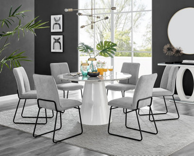 Furniturebox Uk Palma White Marble Effect Round Dining Table & 6 Light Grey Halle Black Leg Chairs from B&Q
