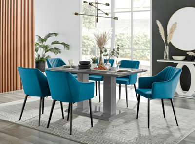 Furniturebox Imperia Grey High Gloss 6 Seater Dining Table With Structural 2 Plinth Column Legs 6 Blue Velvet Black Leg Calla Art Deco Chairs Grey/Blue/Black