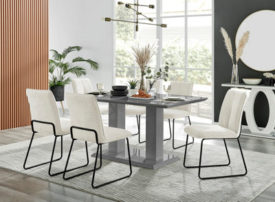 Furniturebox Imperia High Gloss 6 Seater Dining Table With Structural 2 Plinth Column Legs Fabric Halle Modern Chairs Grey/Cream