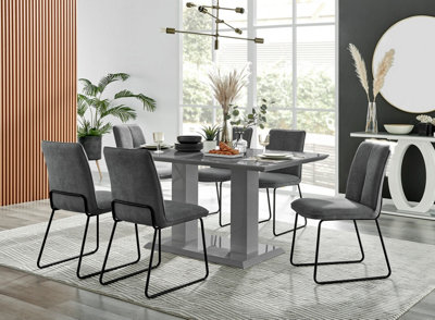 Furniturebox Imperia Grey High Gloss 6 Seater Dining Table With Structural 2 Plinth Column Legs Dark Grey Fabric Halle Modern Chairs from B&Q