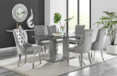 Furniturebox Imperia Grey High Gloss 6 Seater Dining Table With Structural 2 Plinth Column Legs 6 Grey Velvet Silver Leg Belgravia Chairs from B&Q