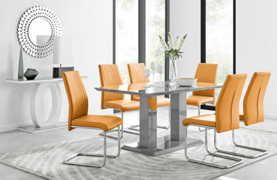 Furniturebox Imperia High Gloss 6 Seater Dining Table With Structural 2 Plinth Column Legs 6 Mustard Faux Leather Lorenzo Chairs Grey