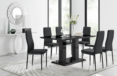 Furniturebox Imperia High Gloss 6 Seater Dining Table With Structural 2 Plinth Column Legs 6 Faux Leather Leg Milan Chairs Black