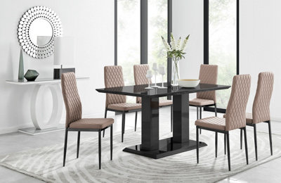 Furniturebox Imperia High Gloss 6 Seater Dining Table With Structural 2 Plinth Column Legs 6 Faux Leather Leg Milan Chairs Black/Beige