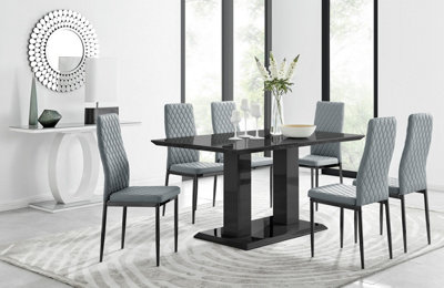 Furniturebox Imperia High Gloss 6 Seater Dining Table With Structural 2 Plinth Column Legs 6 Faux Leather Leg Milan Chairs Black/Grey