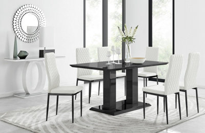 Furniturebox Imperia High Gloss 6 Seater Dining Table With Structural 2 Plinth Column Legs 6 Faux Leather Leg Milan Chairs Black/White