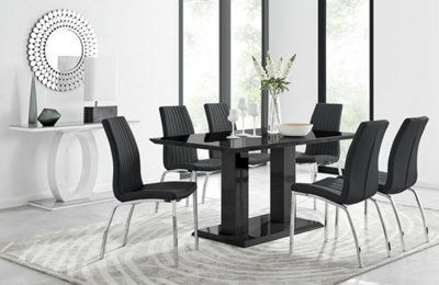 Furniturebox Imperia High Gloss 6 Seater Dining Table With Structural 2 Plinth Column Legs 6 Stitched Faux Leather Isco Chairs Black
