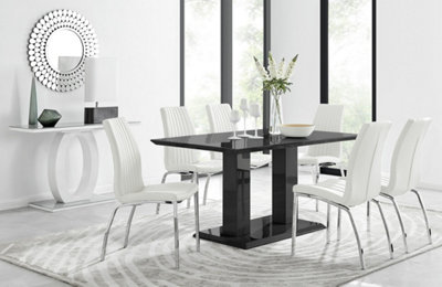 Furniturebox Imperia High Gloss 6 Seater Dining Table With Structural 2 Plinth Column Legs 6 Stitched Faux Leather Isco Chairs Black/White