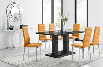 Furniturebox Imperia High Gloss 6 Seater Dining Table With Structural 2 Plinth Column Legs 6 Mustard Stitched Faux Leather Milan Chairs Black