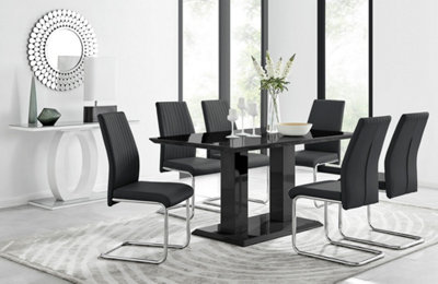 Furniturebox Imperia Black High Gloss 6 Seater Dining Table With Structural 2 Plinth Column Legs 6 Black Faux Leather Lorenzo Cantilever Chairs from B&Q