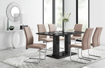 Furniturebox Imperia Black High Gloss 6 Seater Dining Table With Structural 2 Plinth Column Legs 6 Beige Faux Leather Lorenzo Cantilever Chairs from B&Q