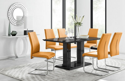Furniturebox Imperia High Gloss 6 Seater Dining Table With Structural 2 Plinth Column Legs 6 Mustard Faux Leather Lorenzo Chairs Black
