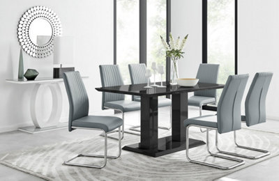 Furniturebox Imperia Black High Gloss 6 Seater Dining Table With Structural 2 Plinth Column Legs 6 Grey Faux Leather Lorenzo Cantilever Chairs from B&Q