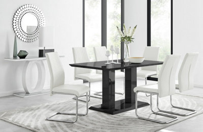 Furniturebox Imperia Black High Gloss 6 Seater Dining Table With Structural 2 Plinth Column Legs 6 White Faux Leather Lorenzo Cantilever Chairs from B&Q