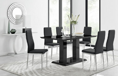 Furniturebox Imperia High Gloss 6 Seater Dining Table With Structural 2 Plinth Column Legs 6 Stitched Faux Leather Milan Chairs Black
