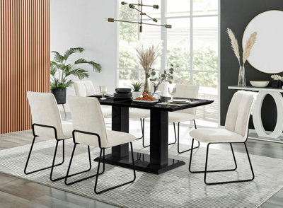 Furniturebox Imperia High Gloss 6 Seater Dining Table With Structural 2 Plinth Column Legs Fabric Halle Modern Chairs Black/Cream