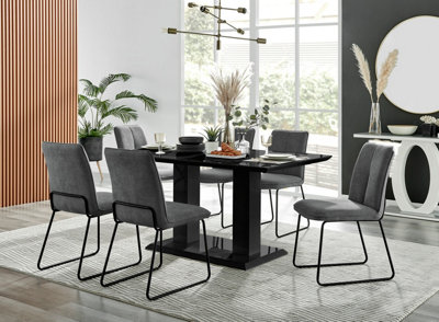 Furniturebox Imperia Black High Gloss 6 Seater Dining Table With Structural 2 Plinth Column Legs Dark Grey Fabric Halle Modern Chairs from B&Q