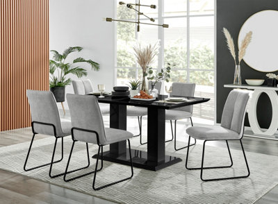 Furniturebox Imperia Black High Gloss 6 Seater Dining Table With Structural 2 Plinth Column Legs Light Grey Fabric Halle Modern Chairs from B&Q