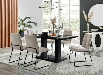 Furniturebox Imperia Black High Gloss 6 Seater Dining Table With Structural 2 Plinth Column Legs Taupe Fabric Halle Modern Chairs from B&Q