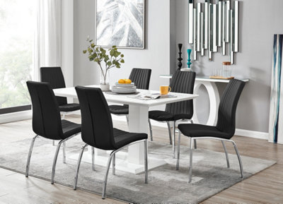 Furniturebox Imperia High Gloss 6 Seater Dining Table With Structural 2 Plinth Column Legs 6 Stitched Faux Leather Isco Chairs White/Black