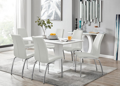 Furniturebox Imperia High Gloss 6 Seater Dining Table With Structural 2 Plinth Column Legs 6 Stitched Faux Leather Isco Chairs White