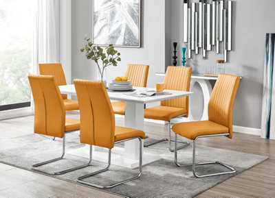 Furniturebox Imperia High Gloss 6 Seater Dining Table With Structural 2 Plinth Column Legs 6 Mustard Faux Leather Lorenzo Chairs White
