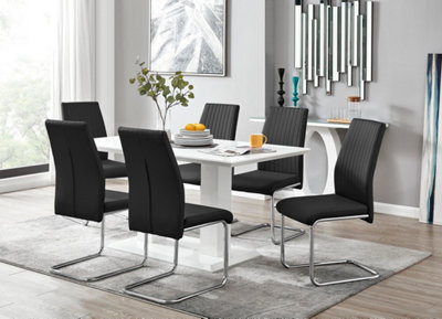 Furniturebox Imperia White High Gloss 6 Seater Dining Table With Structural 2 Plinth Column Legs 6 Black Faux Leather Lorenzo Cantilever Chairs from B&Q