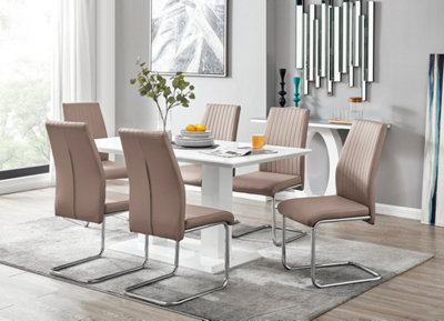 Furniturebox Imperia White High Gloss 6 Seater Dining Table With Structural 2 Plinth Column Legs 6 Beige Faux Leather Lorenzo Cantilever Chairs from B&Q