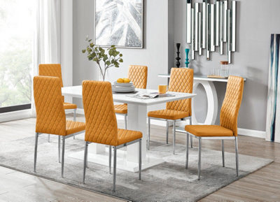 Furniturebox Imperia High Gloss 6 Seater Dining Table With Structural 2 Plinth Column Legs 6 Mustard Stitched Faux Leather Milan Chairs White