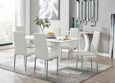 Furniturebox Imperia High Gloss 6 Seater Dining Table With Structural 2 Plinth Column Legs 6 Stitched Faux Leather Milan Chairs White
