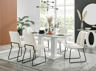 Furniturebox Imperia High Gloss 6 Seater Dining Table With Structural 2 Plinth Column Legs Fabric Halle Modern Chairs White/Cream