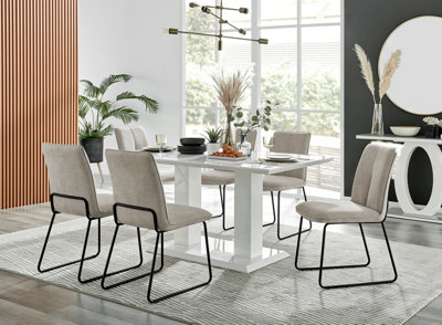 Furniturebox Imperia High Gloss 6 Seater Dining Table With Structural 2 Plinth Column Legs Taupe Fabric Halle Modern Chairs White