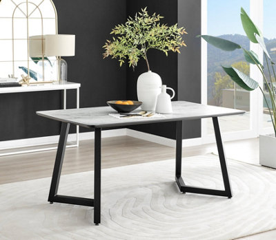 Furniturebox Carson 160Cm Scratch Resistant Melamine Marble Effect Rectangular 6 Seater Dining Table With Metal Legs White/Black