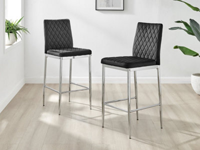 Furniturebox Set Of 2 Milan Black Diamond-Stiched Soft Touch Velvet Silver Chrome Leg Padded Counter Stools from B&Q