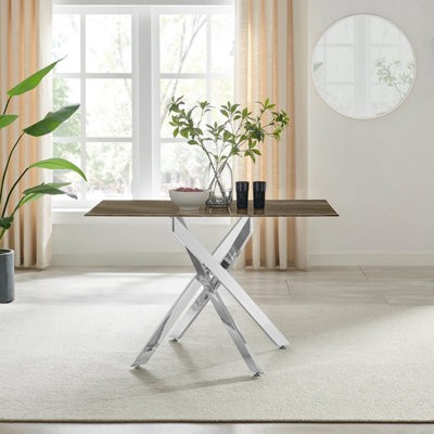 B&Q -  Uk Leonardo 4-Seater Dining Table With Grey Glass Marble Effect Top And Silver Legs