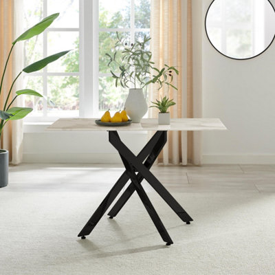 B&Q -  Leonardo Rectangular White Marble Glass And Black 4 Seater Dining Table4 Seater Dining TableGlass Dining Table
