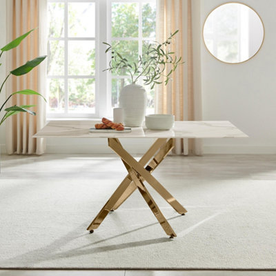 B&Q -  Leonardo Rectangular White Marble Glass And Gold 6 Seater Dining Table6 Seater Dining TableGlass Dining Table