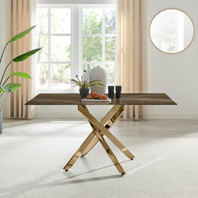B&Q -  Uk Leonardo 6-Seater Dining Table With Grey Glass Marble Effect Top And Gold Legs