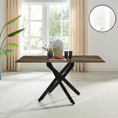 B&Q -  Uk Leonardo 6-Seater Dining Table With Grey Glass Marble Effect Top And Black Legs