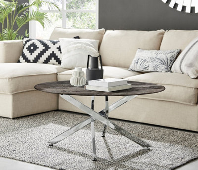 Furniturebox Grey/Silver Uk Novara Round Coffee Table With Glass Marble Effect Top And Legs