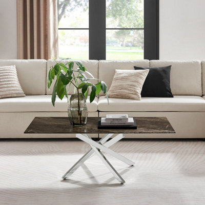B&Q -  Uk Leonardo Coffee Table With Grey Glass Marble Effect Top And Silver Legs