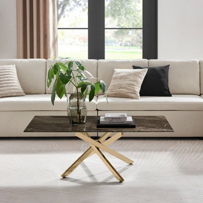 B&Q -  Uk Leonardo Coffee Table With Grey Glass Marble Effect Top And Gold Legs