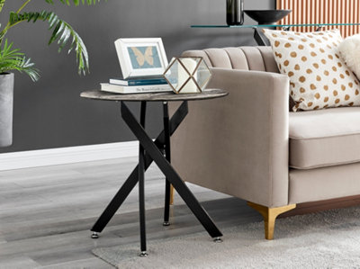Furniturebox Uk Novara Round Side Table With Glass Marble Effect Top And Legs Grey/Black
