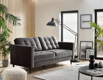 Furniturebox Jenna 3 Seater Velvet Sofa With Solid Wood Frame Dark/Grey