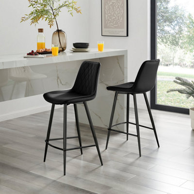 Furniturebox Uk 2X Bar Stool Chair - Pesaro Velvet Upholstered Dining Chair Metal Legs - Dining Kitchen Furniture Black