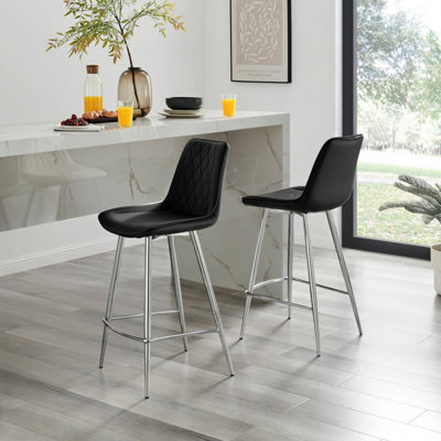 Furniturebox Uk 2X Bar Stool Chair - Pesaro Velvet Upholstered Dining Chair Metal Legs - Dining Kitchen Furniture Black/Silver